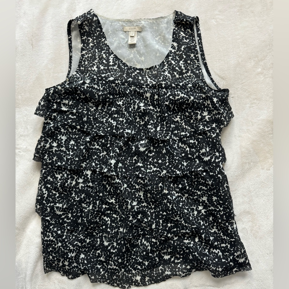 Vintage J.Crew Silk Dark Fairy Ruffle Dainty Leaves Black White Sleeveless Sz 2